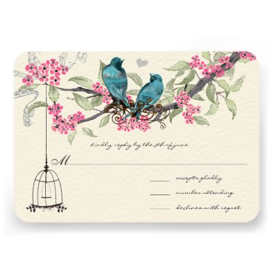 Turquiose Birds Pink Cherry Blossoms Birdcage Custom Invitations