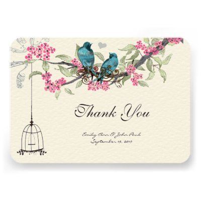 Turquiose Birds Pink Cherry Blossoms Birdcage Custom Invitations