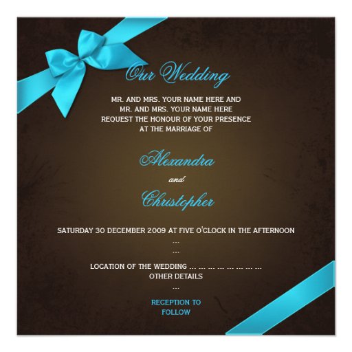 Turquiose Ribbon on Brown Grunge Wedding Custom Invitations