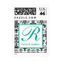Turquoise and Black Damask Monogram Postage stamp