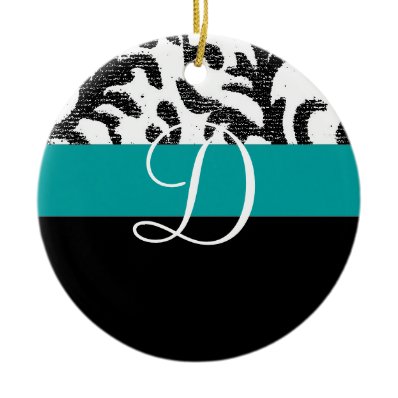 Turquoise and Black Floral Monogram Christmas Ornaments