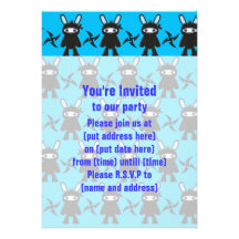 Turquoise and Black Ninja Bunny Pattern Custom Invitation