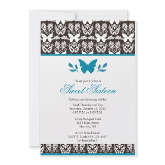 Brown and Blue Butterfly Damask Birthday Invitations Dark Brown and Turquoise Blue Butterfly Invitations