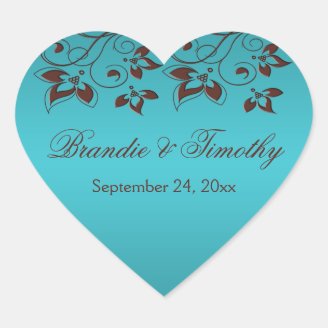 Turquoise and Brown Floral Heart Shaped Sticker