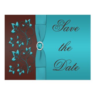 Turquoise and Brown Floral Save the Date Postcard