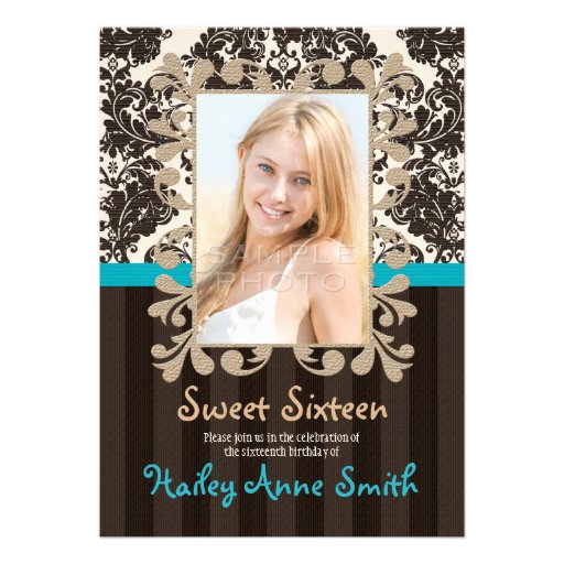 Turquoise and Brown Vintage Damask Sweet Sixteen Custom Invites