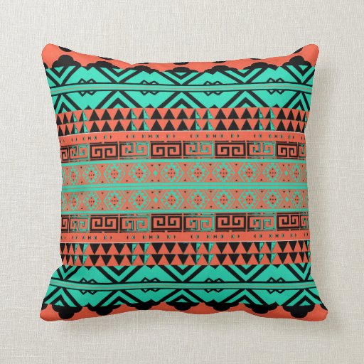 Turquoise and Coral Aztec Inspired Pillow Zazzle