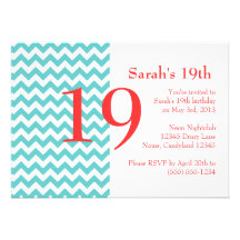 Turquoise and Coral Chevron Birthday Invitation
