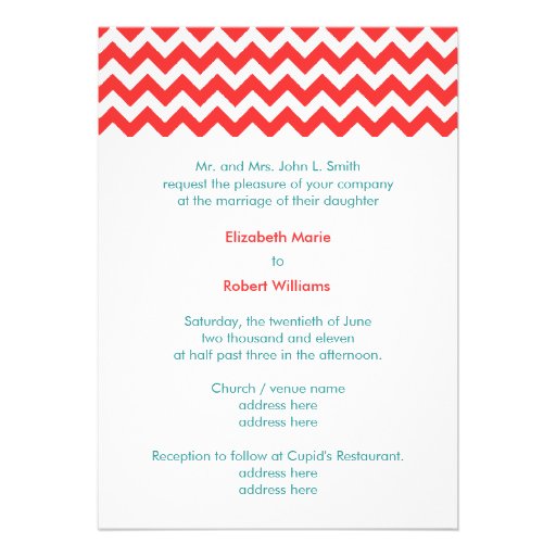 Turquoise and Coral Chevron Wedding Invitation