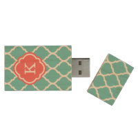 Turquoise and Coral Moroccan Quatrefoil Monogram Wood USB 2.0 Flash Drive