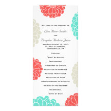 Turquoise and Coral Zinnia Flower Wedding Program Rack Card