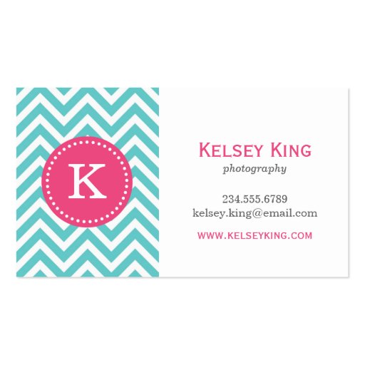 Turquoise and Hot Pink Chevron Custom Monogram Business Card Templates