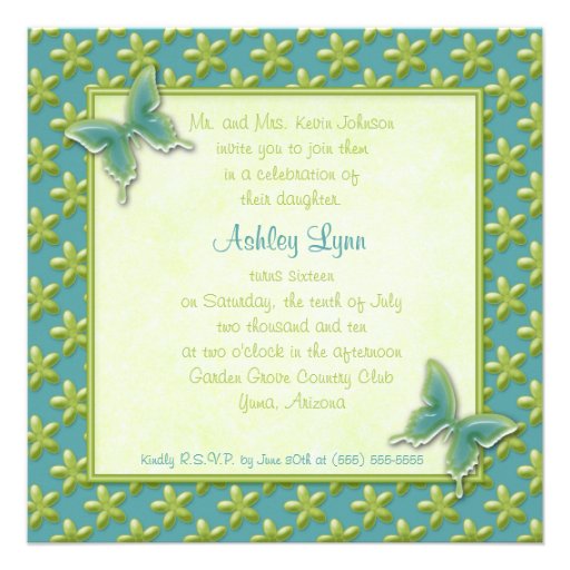 Turquoise and Lime Butterfly Sweet Sixteen Invite