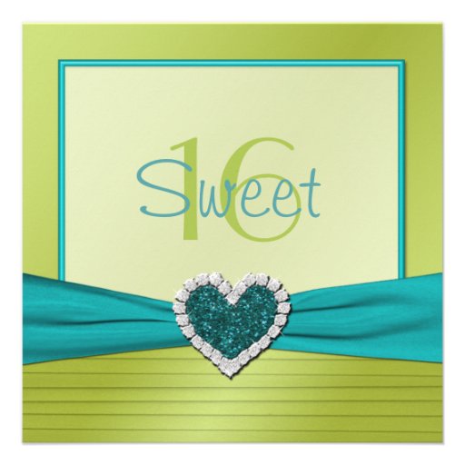 Turquoise and Lime Glitter Heart Sweet Sixteen Invites