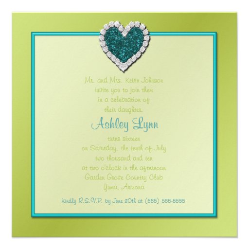 Turquoise and Lime Glitter Heart Sweet Sixteen Invites