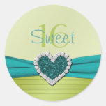 Turquoise and Lime Glitter Heart Sweet Sixteen Round Sticker