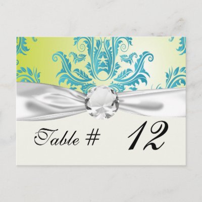 turquoise and lime green ornate damask design post cards by dooni damask