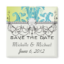turquoise and lime green ornate damask fridge magnet