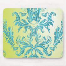 turquoise and lime green ornate damask mousepad