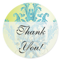 turquoise and lime green ornate damask round stickers