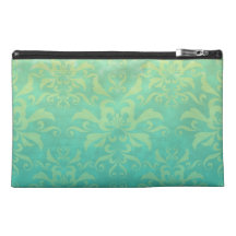 Turquoise and Pale Yellow Damask Travel Accessory Bags