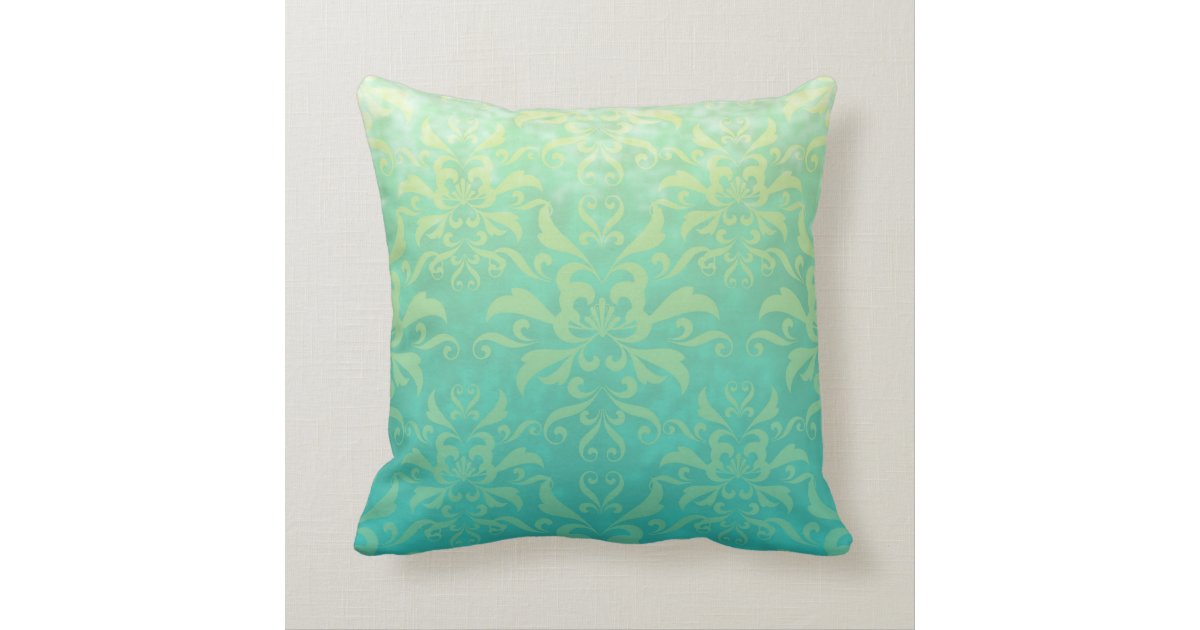 Turquoise and Pale Yellow Damask Throw Pillow Zazzle