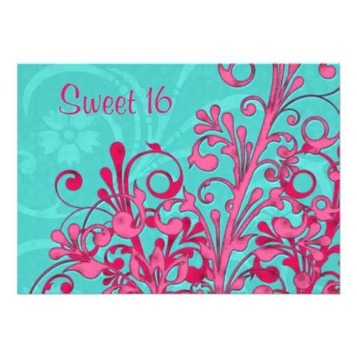 Turquoise and Pink Floral Sweet 16 Birthday Invite
