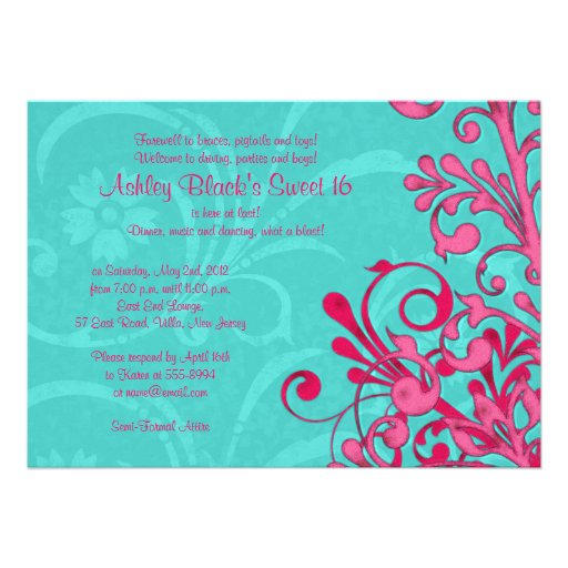 Turquoise and Pink Floral Sweet 16 Birthday Invite