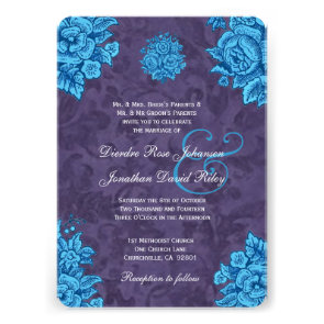 Turquoise and Purple Vintage Flowers Wedding V24 Card