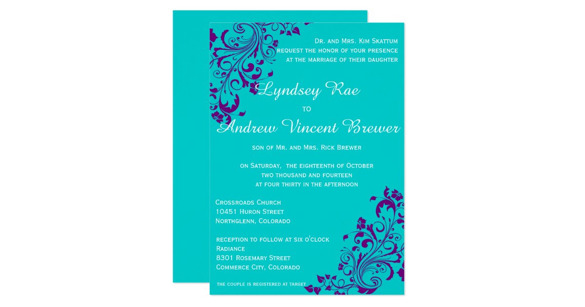 Turquoise and Purple Wedding Invitation Zazzle