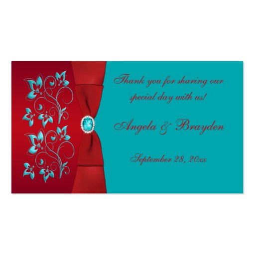 Turquoise and Red Floral Wedding Favor Tag Business Cards (front side)
