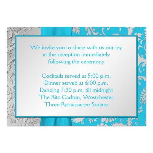 Turquoise and Silver Damask Enclosure Card Business Cards (back side)