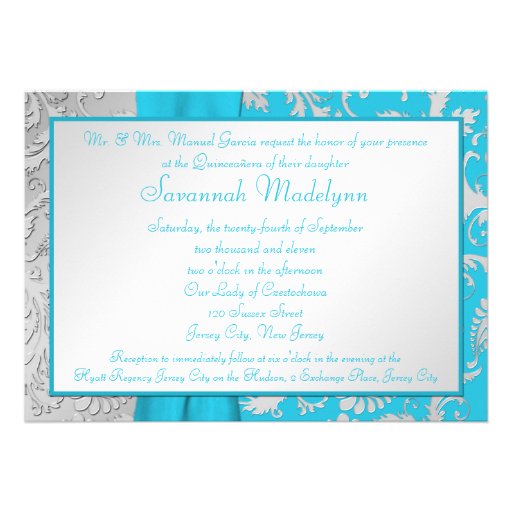 Turquoise and Silver Damask Quinceanera Invitation