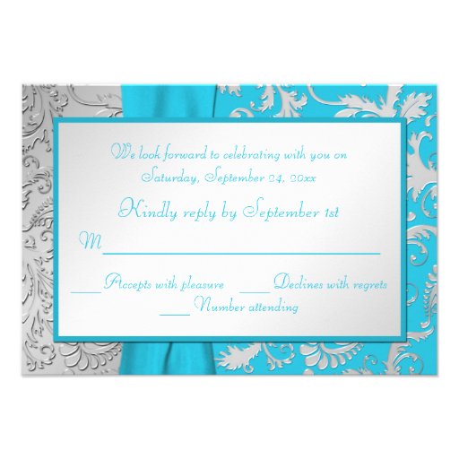 Turquoise and Silver Damask Quinceanera RSVP Card Invite