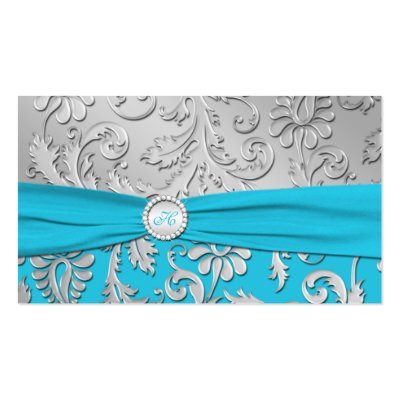 Turquoise and Silver Damask Wedding Favor Tag Business Cards by 