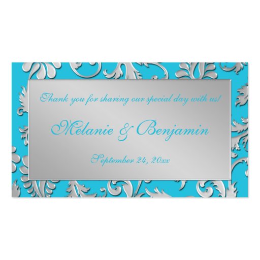 Turquoise and Silver Damask Wedding Favor Tag Business Cards (back side)
