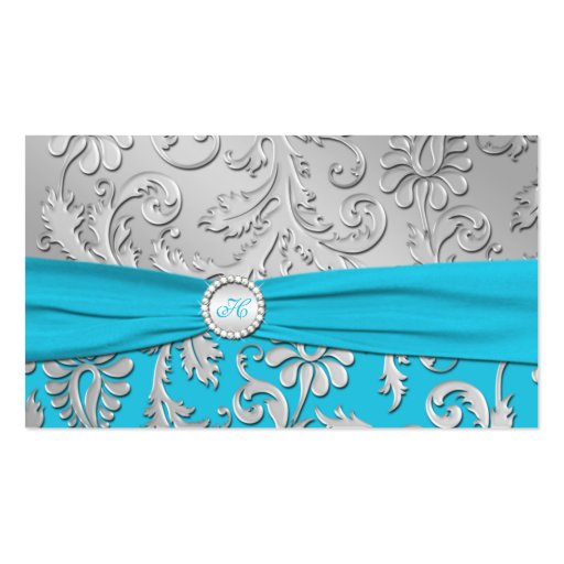 Turquoise and Silver Damask Wedding Favor Tag Business Cards (front side)