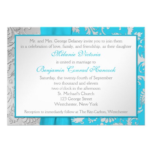Turquoise and Silver Damask Wedding Invitation