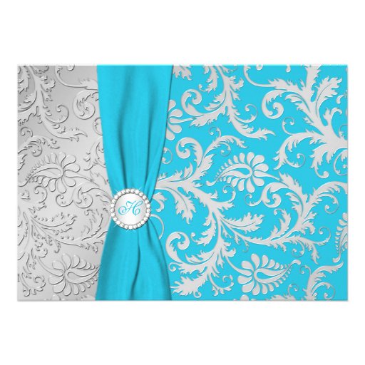 Turquoise and Silver Damask Wedding Invitation