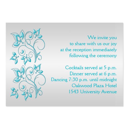 Turquoise and Silver Floral Enclosure Card Business Card Template (back side)