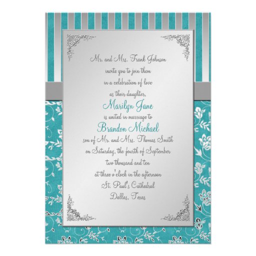 Turquoise and Silver Vine Monogrammed Invitation