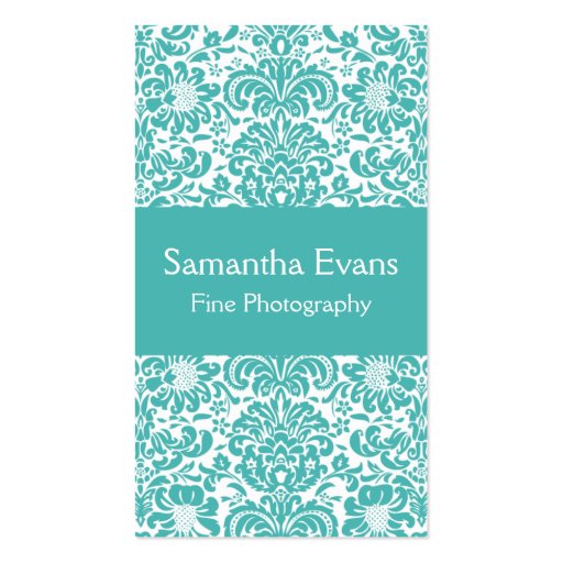 Turquoise and White Damask Business Card (front side)