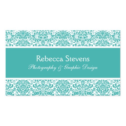 Turquoise and White Damask Business Card (front side)