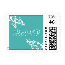Turquoise and White RSVP Flourish Postage