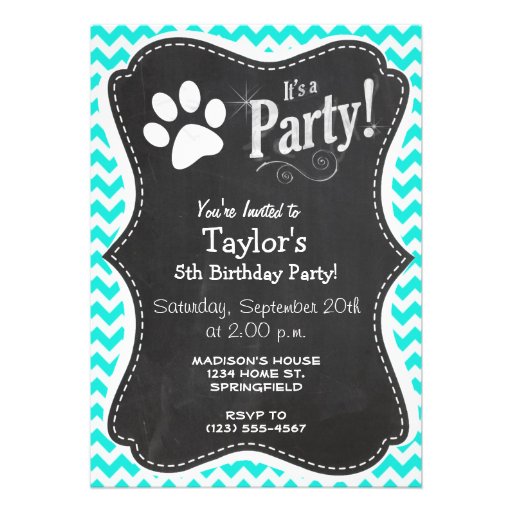 Turquoise, Aqua Color Chevron; Paw Print Personalized Announcement