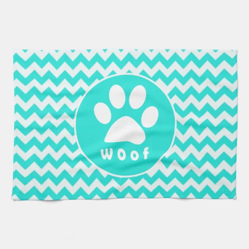 Turquoise, Aqua Color Chevron; Paw Print Kitchen Towel ...