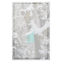 Turquoise Birdhouse in Winter Customized Stationery