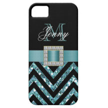 TURQUOISE BLACK CHEVRON GLITTER GIRLY iPhone 5 CASES
