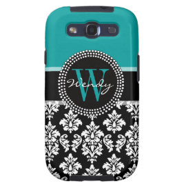 Turquoise, Black Damask Initial Name Samsung Galaxy S3 Cases