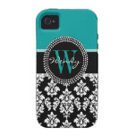 Turquoise, Black Damask Initial Name iPhone 4 Case